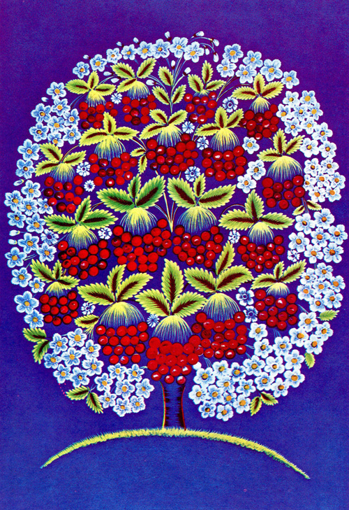 Fedor Panko - The Petrykyvka Cherry Tree. Panel. 1971. Tempera on cardboard