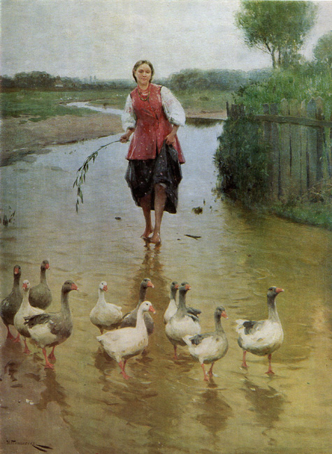 Mykola Pymonenko. Geese, Go Home! Oil on canvas. 108,5x81 cm. 